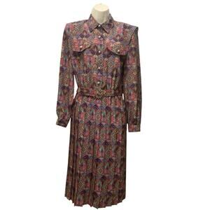 Vintage 80s Leslie Fay Belted Pleated Midi Secretary Dress 12 Petite